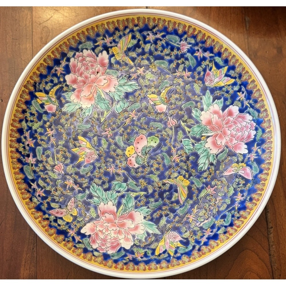Antique Chinese Famille Rose Porcelain Charger Cobalt Blue, Pink